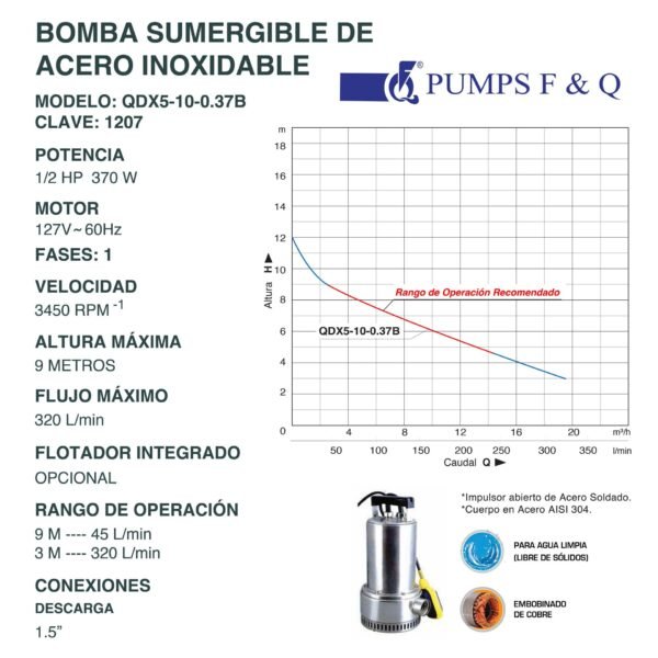 Bomba Sumergible de Acero Inoxidable 1/2 Hp QDX5-10-0.37B - Imagen 2
