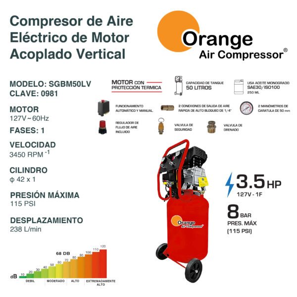 Compresor de Aire Vetical 50 Lts 2.5 Hp SGBM50LV - Imagen 2