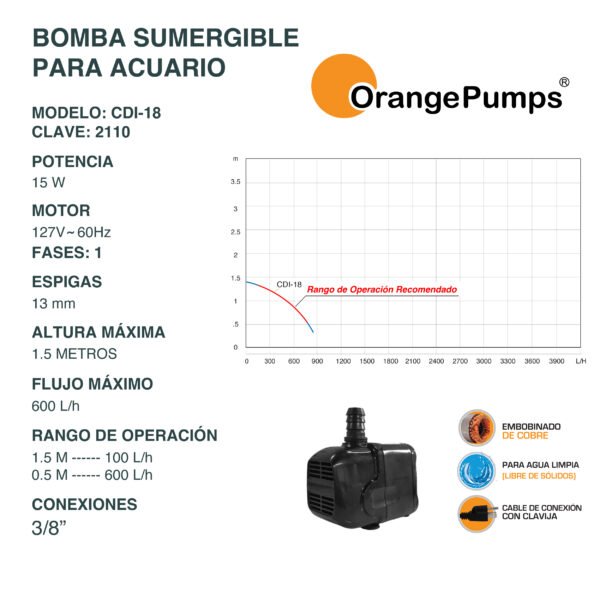 Bomba Sumergible para Acuario 15w CDI-18 - Imagen 2
