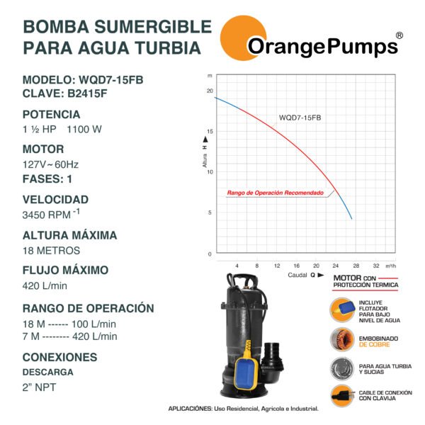 Bomba Sumergible para Agua Turbia 1.5 Hp WQD7-15FB - Imagen 2