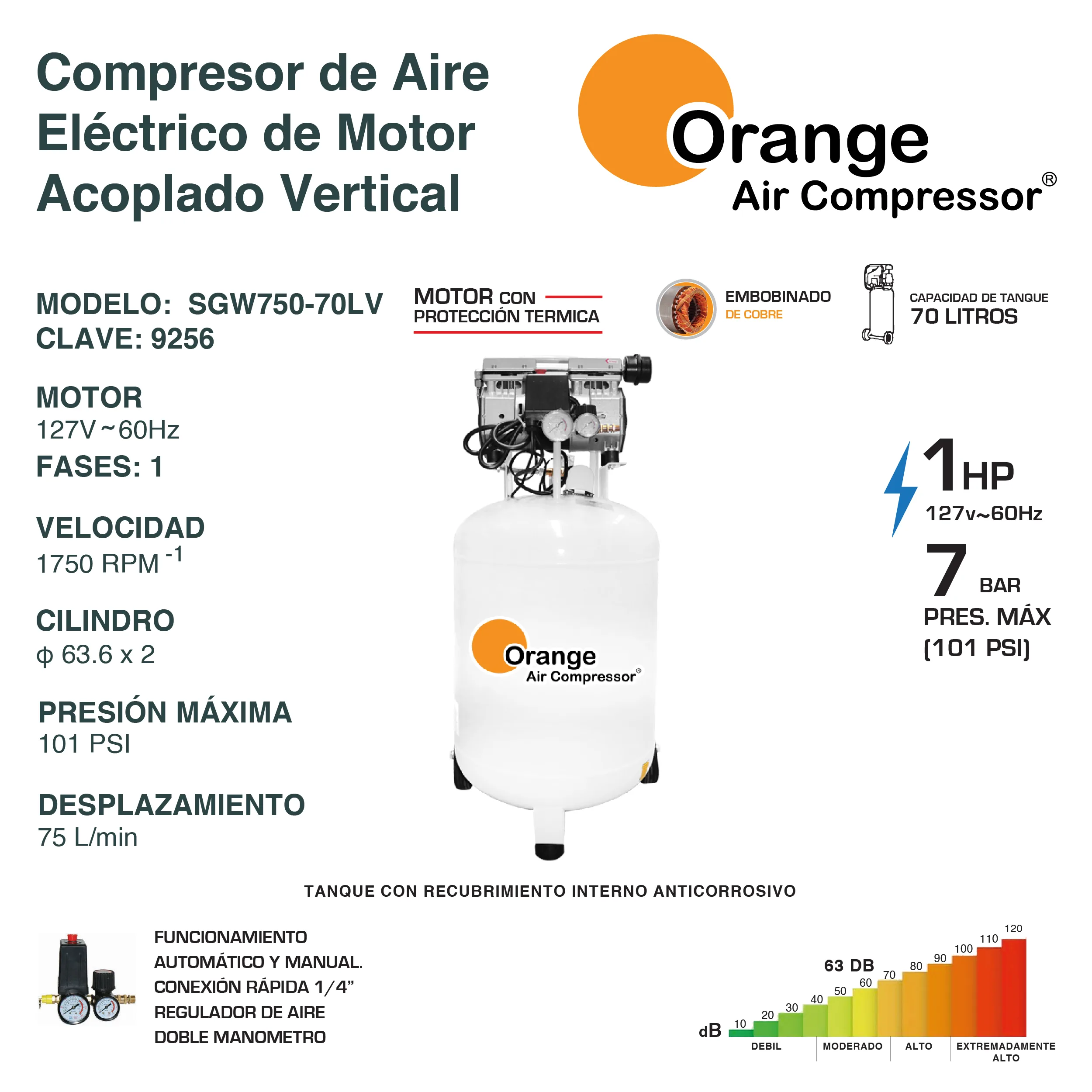 Compresor de Aire Libre de Aceite Vertical 70 Litros 1.0 Hp SGW750-70LV - Image 2