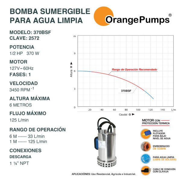 Bomba Sumergible para Agua Limpia 1/2 Hp 370BSF - Imagen 2