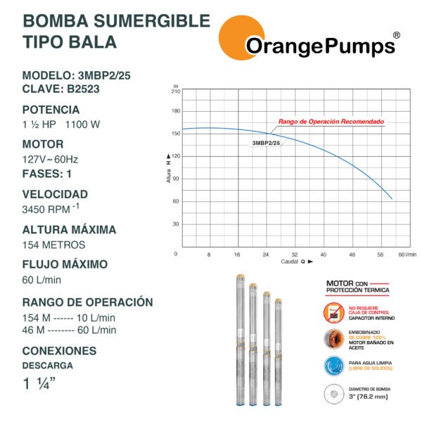 Bomba sumergible Tipo Bala Agua Limpia 1.5 Hp 3MBP2/25 - Imagen 2