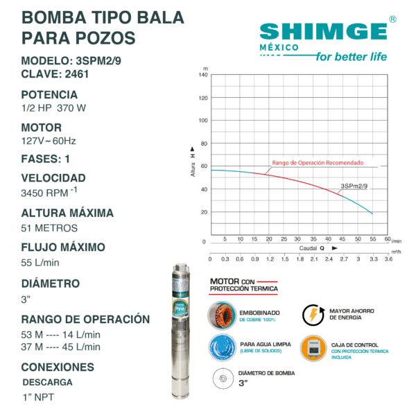 Bomba Tipo Bala para Pozos Agua Limpia 1/2 Hp 3SPM2/9