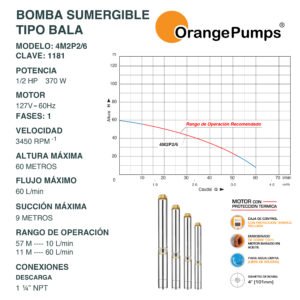 Bomba Sumergible Tipo Bala Agua limpia 1/2 Hp 4M2P2/6