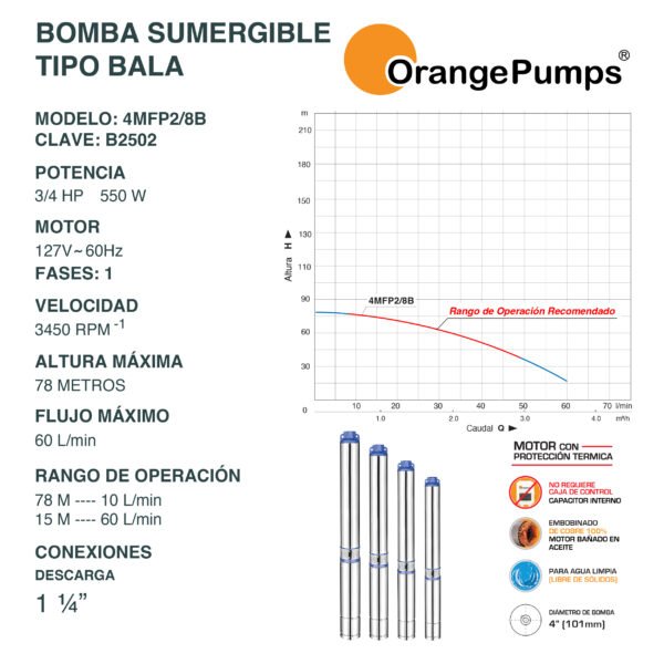 Bomba Sumergible Tipo Bala Agua limpia 3/4 Hp 4MFP2/8B - Imagen 2