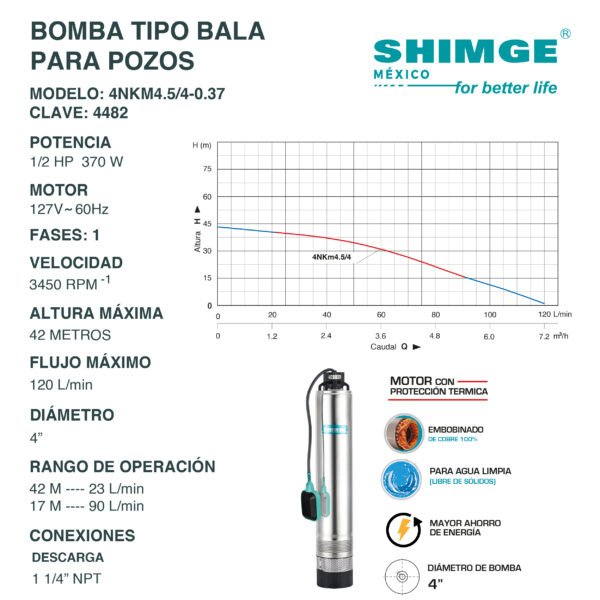 Bomba Tipo Bala para Pozos Agua Limpia 1/2 Hp 4NKM4.5/4-0.37 - Imagen 2