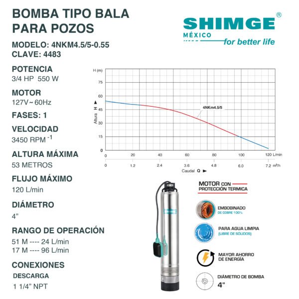 Bomba Tipo Bala para Pozos Agua Limpia 3/4 Hp 4NKM4.5/5-0.55 - Imagen 2