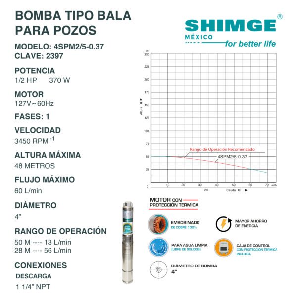 Bomba Tipo Bala para Pozos Agua Limpia 1/2 Hp 4SPM3/4.37 - Imagen 2