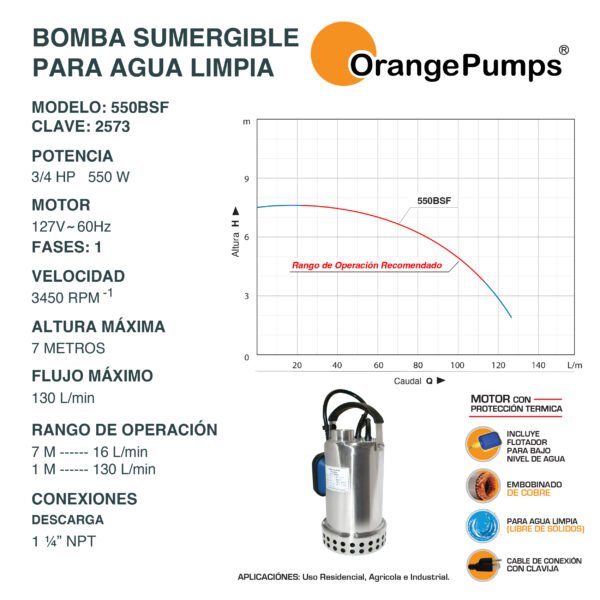 Bomba Sumergible para Agua Limpia 3/4 Hp 550BSF - Imagen 2