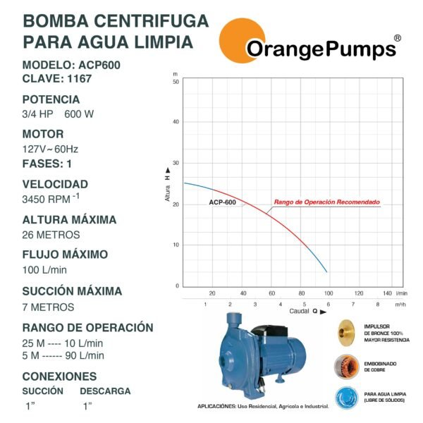 Bomba Centrifuga para Agua Limpia 3/4 Hp ACP-600 - Imagen 2