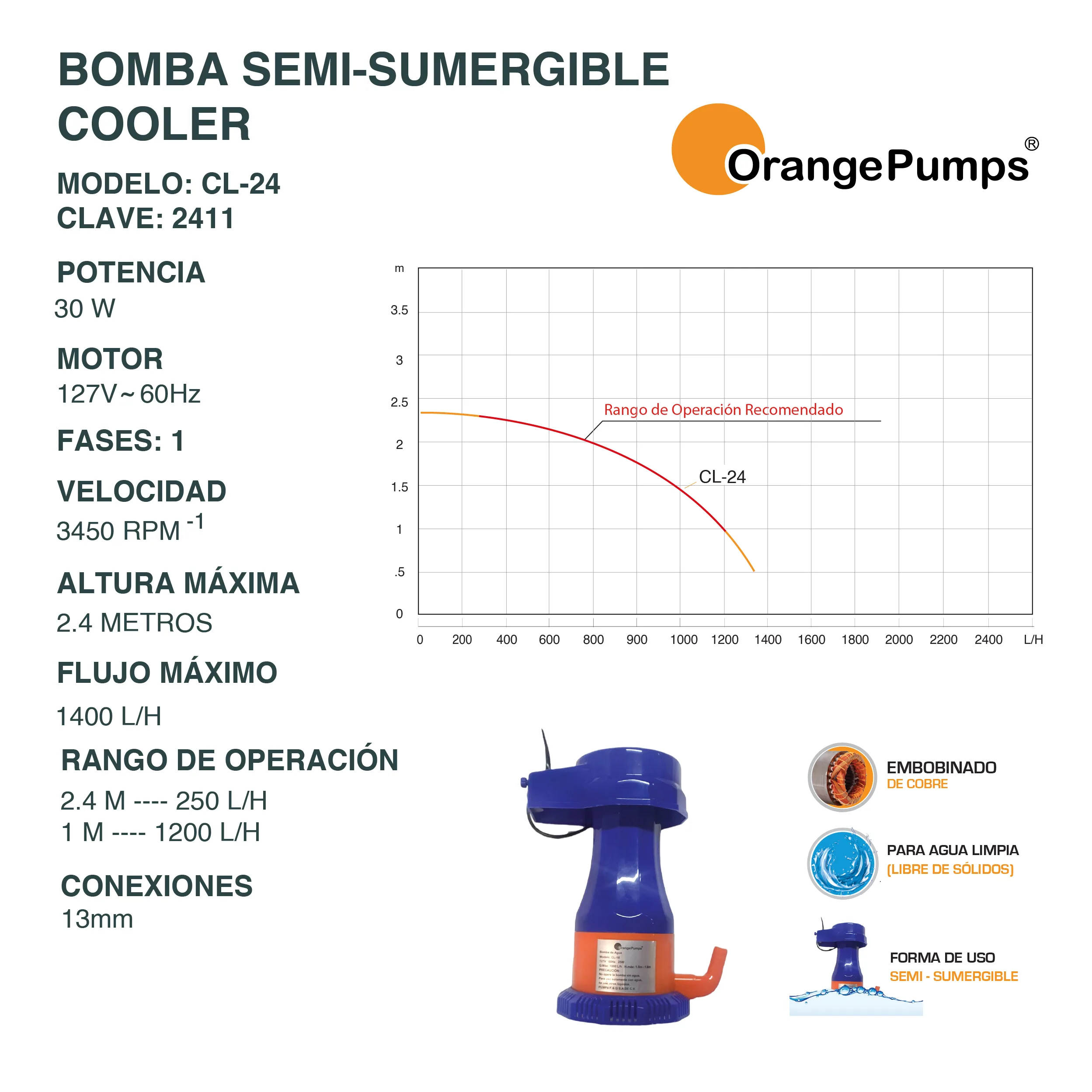 Bomba Semi-Sumergible Cooler 30w CL-24 - Image 2