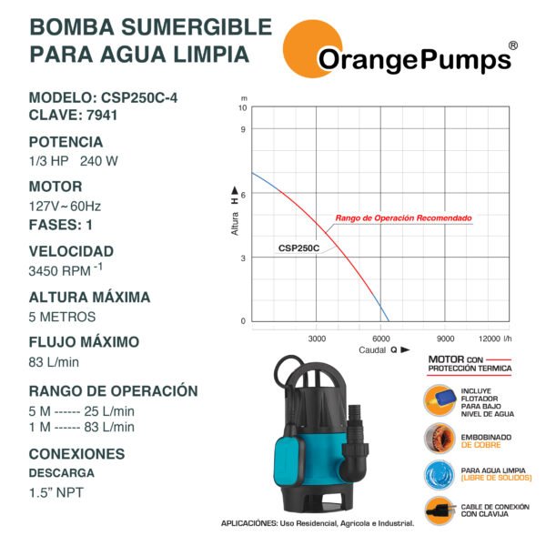 Bomba Sumergible para Agua Limpia 1/3 Hp CSP250C-4 - Imagen 2