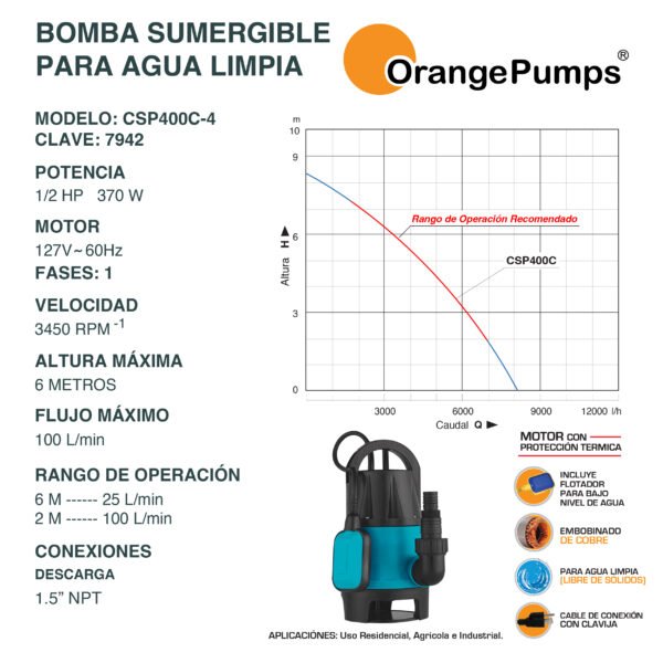 Bomba Sumergible para Agua Limpia 1/2 Hp CSP400C-4 - Imagen 2
