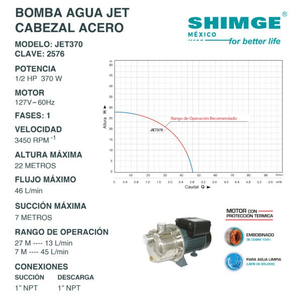 Bomba de Agua Jet Cabezal Acero Inoxidable 1/2 Hp JET370 - Imagen 3