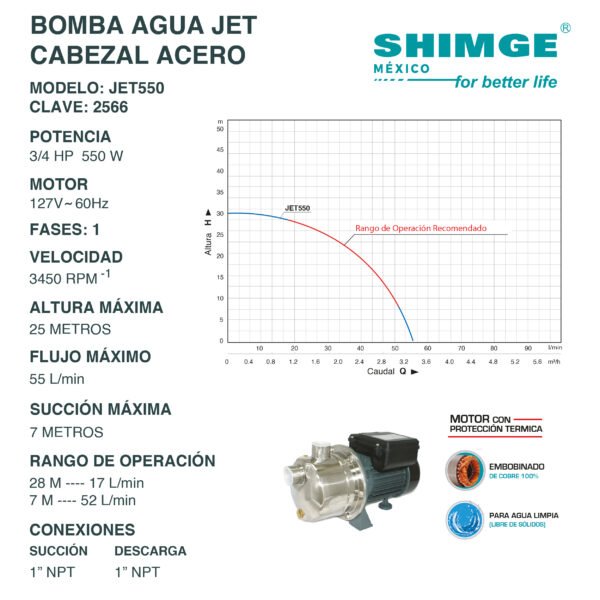 Bomba de Agua Jet Cabezal Acero Inoxidable 3/4 Hp JET550 - Imagen 3