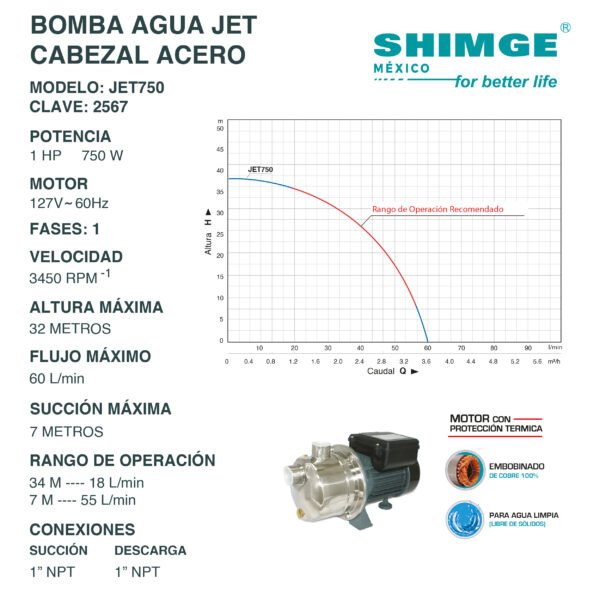 Bomba de Agua Jet Cabezal Acero Inoxidable 1 Hp JET750 - Imagen 3