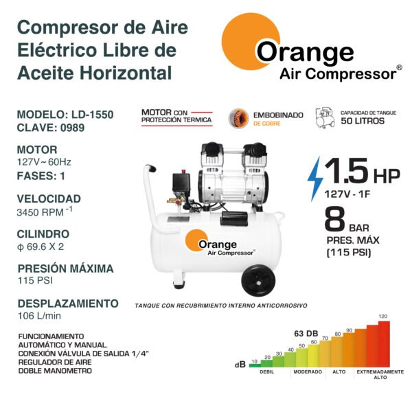 Compresor de Aire Libre de Aceite 50 Litros 1.5 Hp LD-1550 - Imagen 2