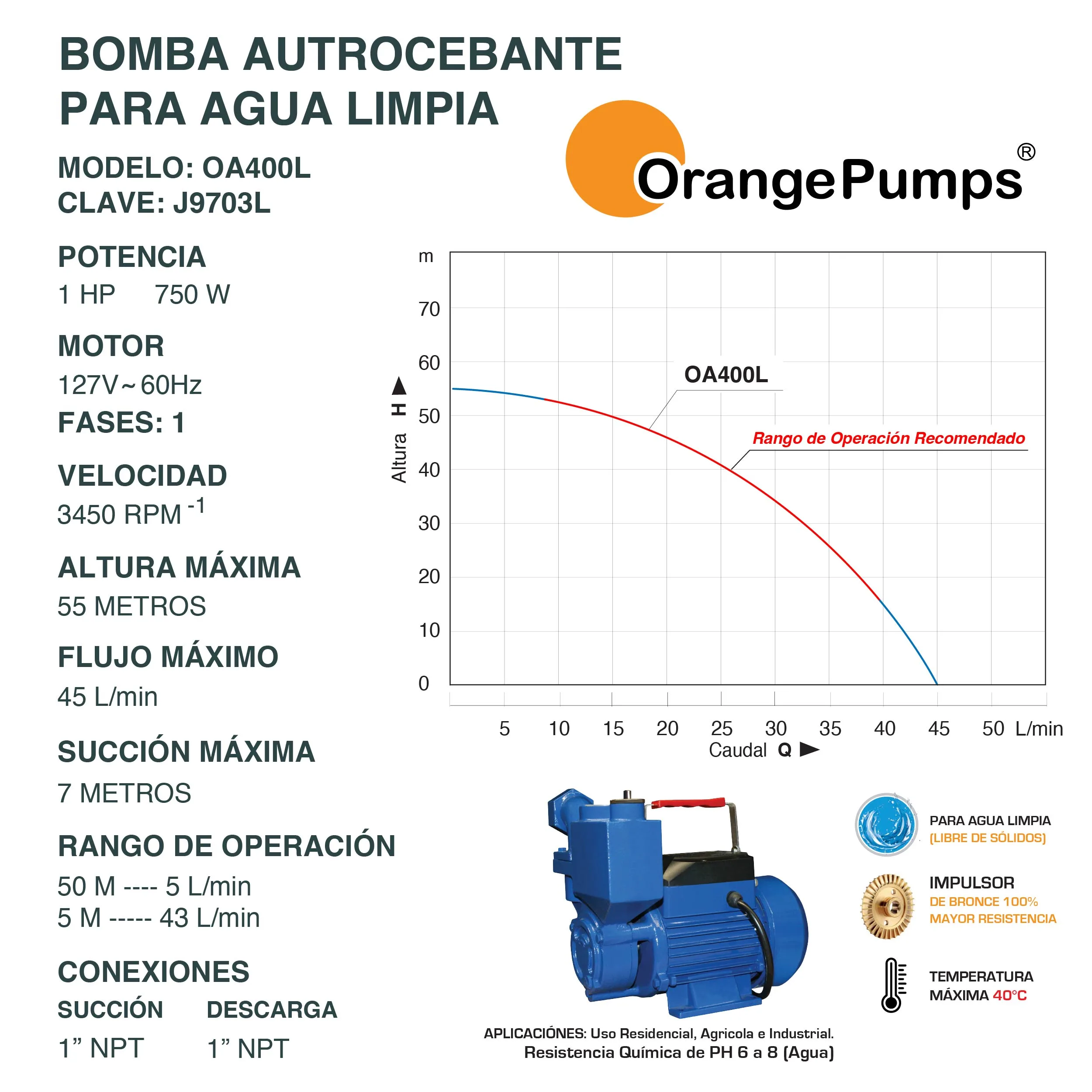 Bomba Autocebante para Agua  Limpia 1 Hp OA400L - Image 2