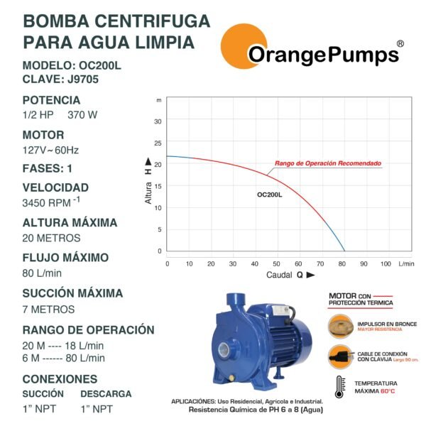 Bomba Centrifuga para Agua Limpia 1/2 Hp OC200L - Imagen 2
