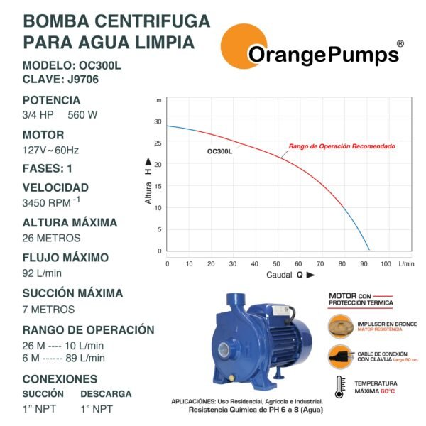 Bomba Centrifuga para Agua Limpia 3/4 Hp OC300L - Imagen 2