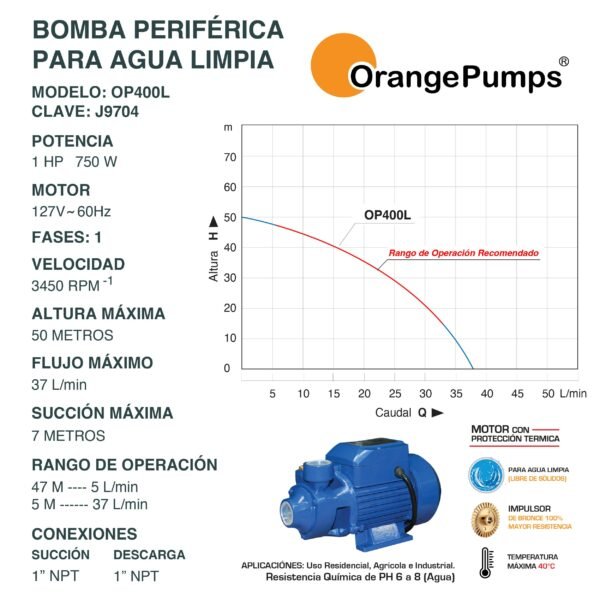 Bomba Periférica para Agua Limpia 1 Hp OP400L - Imagen 2
