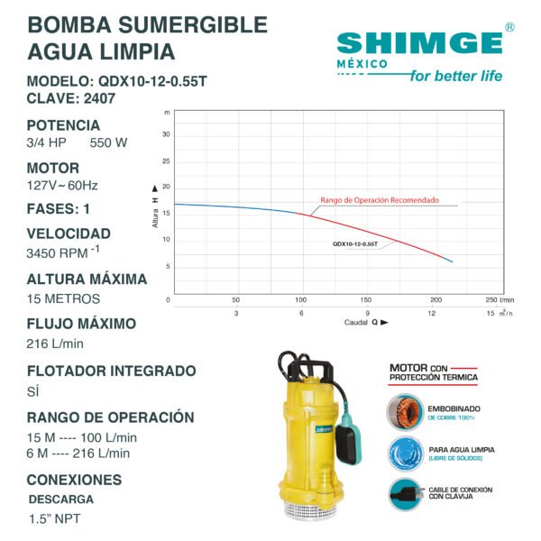 Bomba Sumergible para Agua Limpia 3/4 Hp QDX10-12-0.55T - Imagen 2