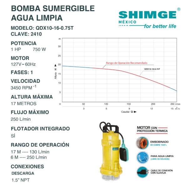 Bomba Sumergible para Agua Limpia 1 Hp QDX10-16-0.75T - Imagen 2