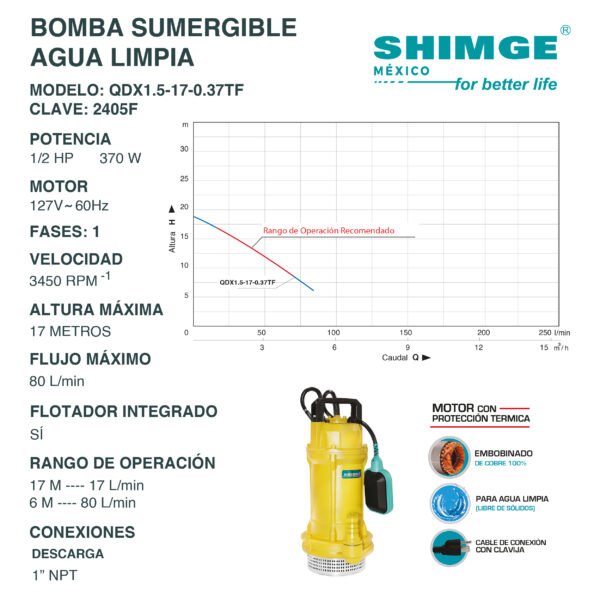 Bomba Sumergible para Agua Limpia 1/2 Hp QDX1.5-17-0.37 - Imagen 2
