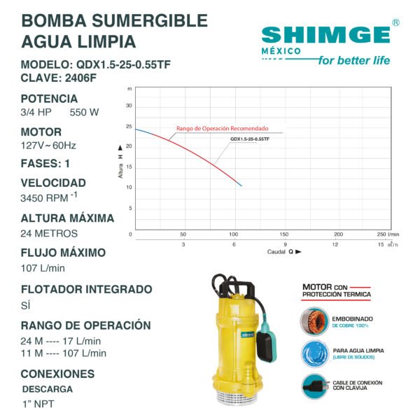 Bomba Sumergible para Agua Limpia 3/4 Hp QDX1.5-25-0.55TF - Imagen 3