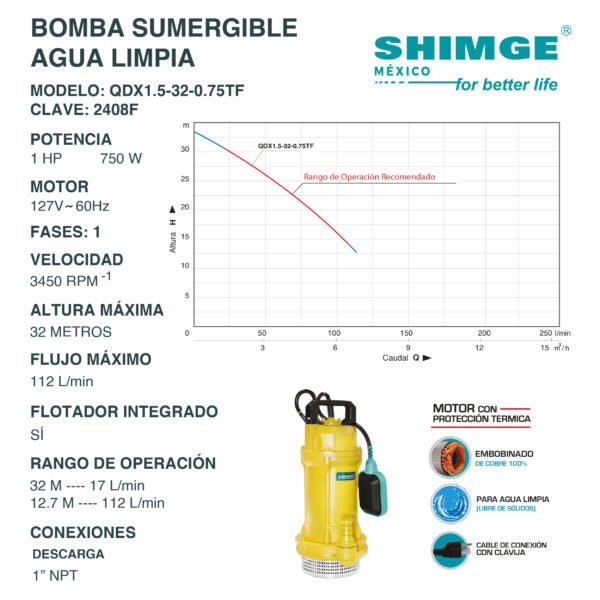 Bomba Sumergible para Agua Limpia 1 HP QDX1.5-32-0.75TF - Imagen 2