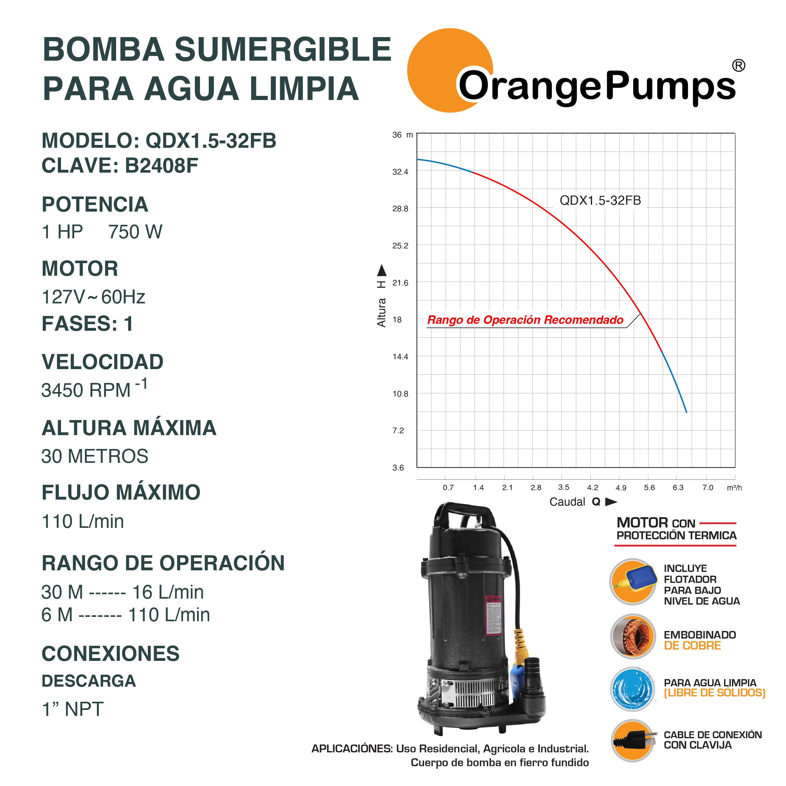 Bomba Sumergible para Agua Limpia 1 Hp QDX1.5-32FB - Image 2