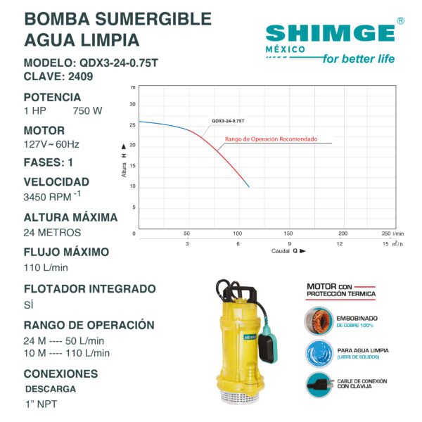Bomba Sumergible para Agua Limpia 1 Hp QDX3-24-0.75T - Imagen 2