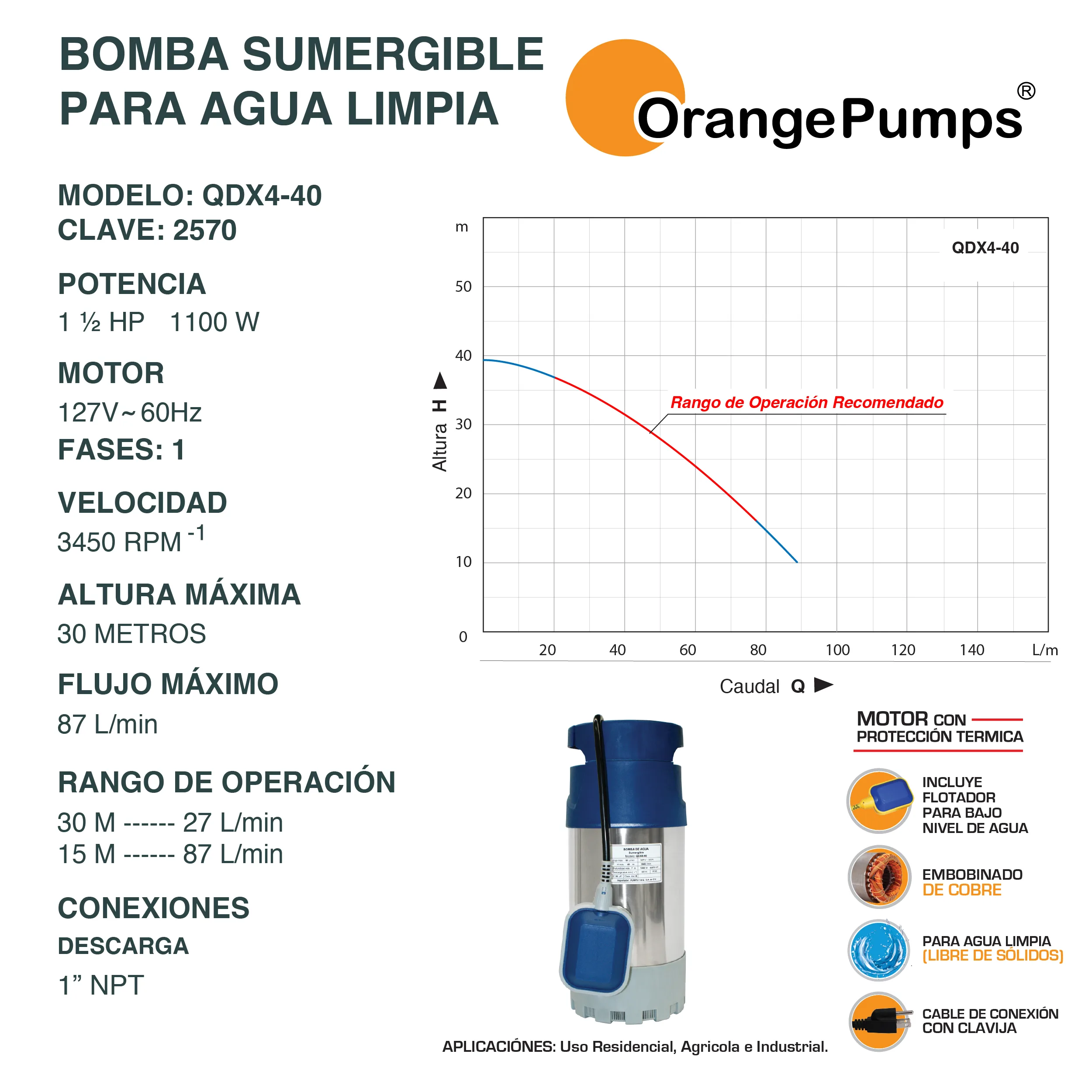 Bomba Sumergible para Agua Limpia 1.5 Hp QDX4-40 - Image 2
