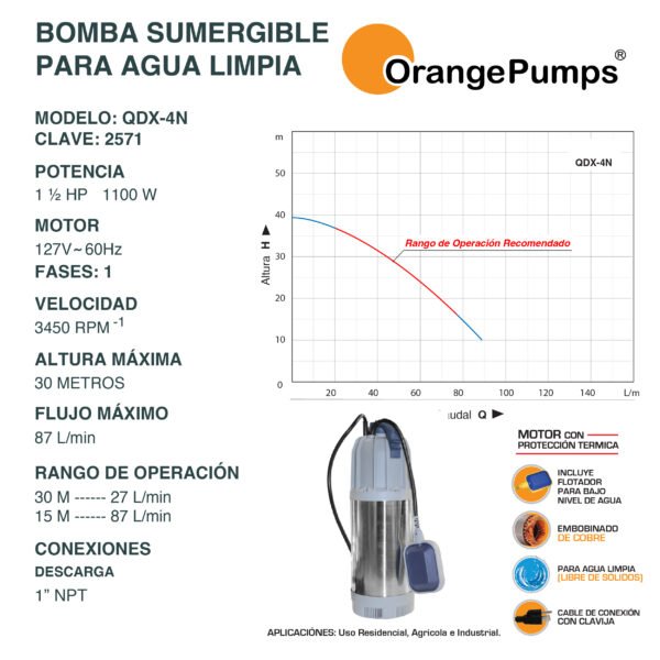 Bomba Sumergible para Agua Limpia 1.5 Hp QDX-4N - Imagen 2