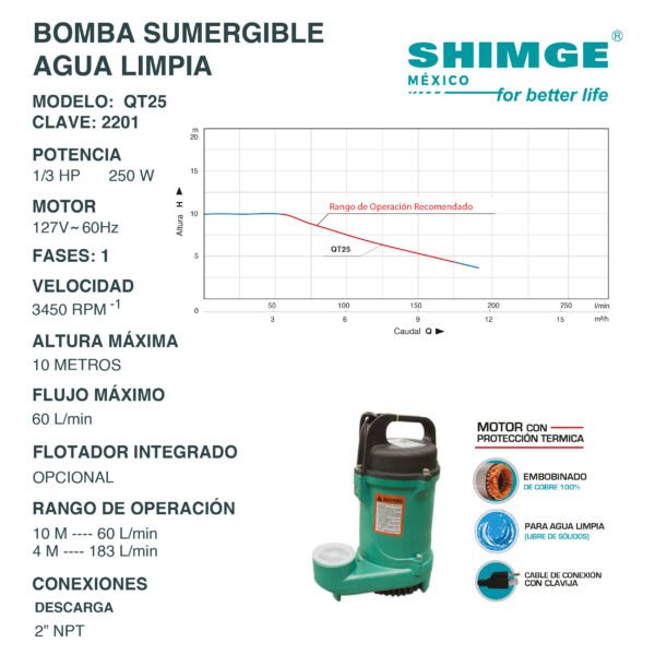Bomba Sumergible para Agua Limpia 1/3 Hp QT25 - Imagen 2