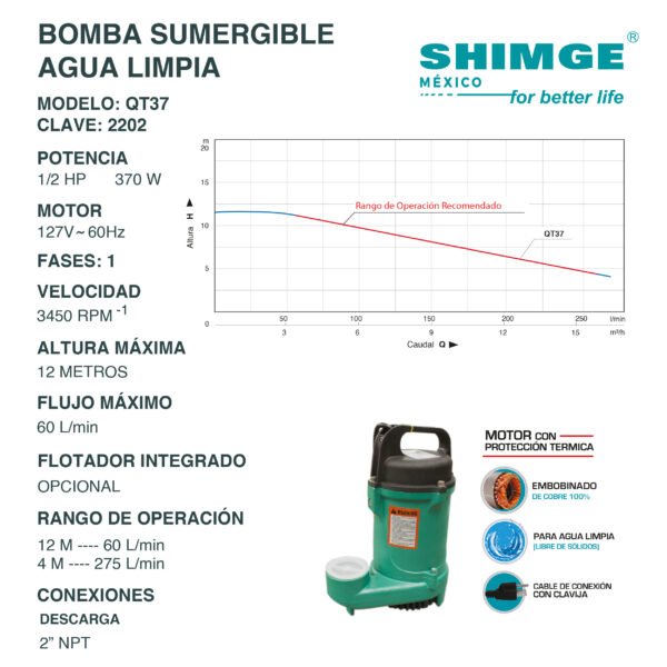 Bomba Sumergible para Agua Limpia 1/2 Hp QT37 - Imagen 2