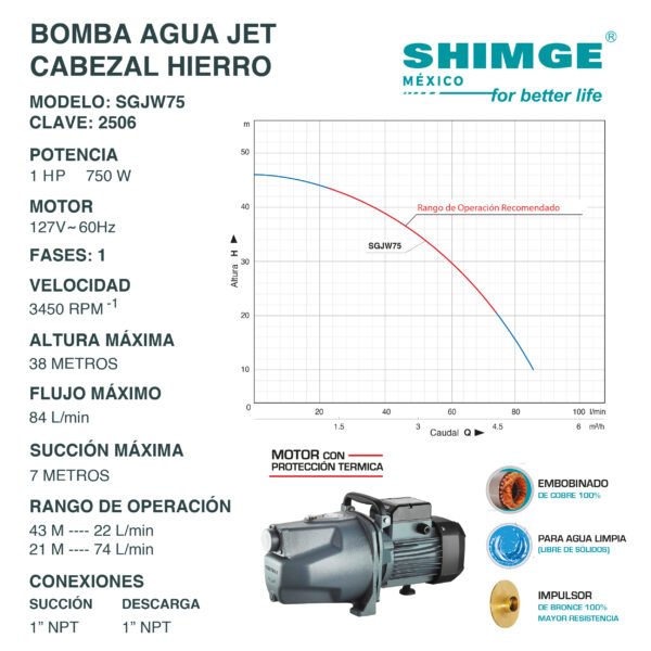 Bomba de Agua Jet Cabezal de Hierro 1 Hp SGJW75 - Imagen 3