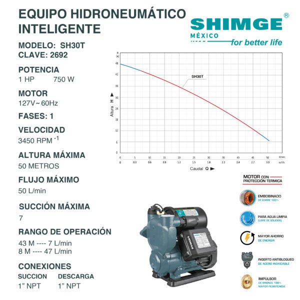 Equipo Hidroneumatico Inteligente 1 Hp SH30T - Imagen 2