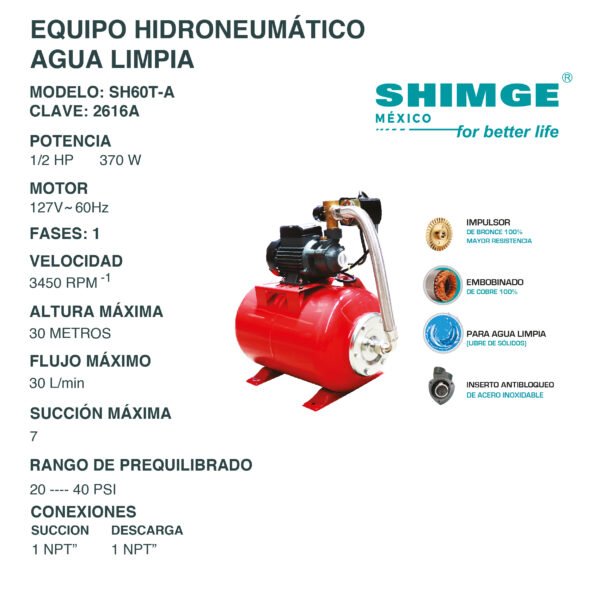 Equipo Hidroneumático para Agua Limpia 1/2 Hp SH60T-A - Imagen 2
