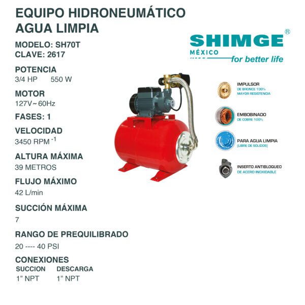 Equipo Hidroneumático para Agua Limpia 3/4 Hp SH70T - Imagen 2