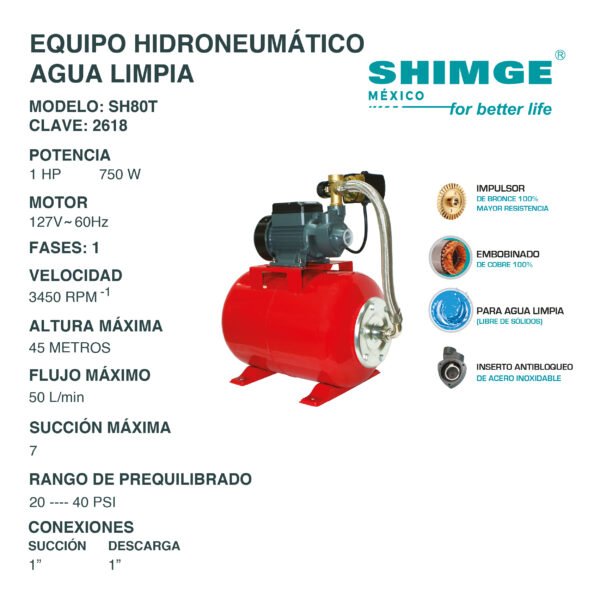 Equipo Hidroneumático para Agua Limpia 1 Hp SH80T - Imagen 2