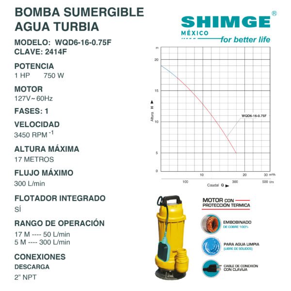 Bomba Sumergible para Agua Turbia 1 Hp WQD6-16-0.75F